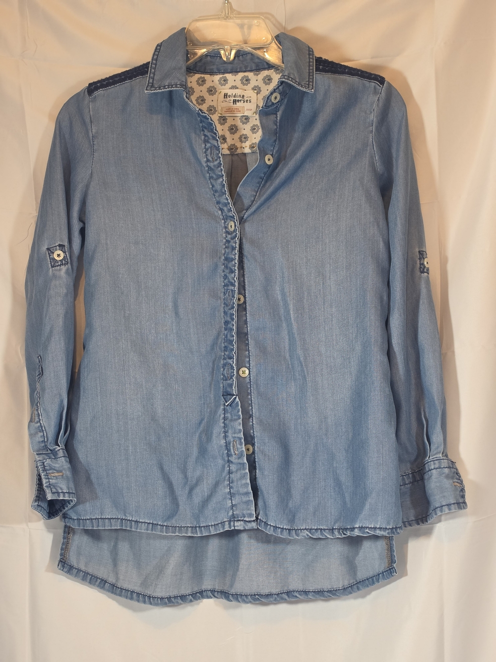 Holding Horses XXS Petite Blue Chambray Embroidered Roll-Tab Sleeve Tunic Blouse